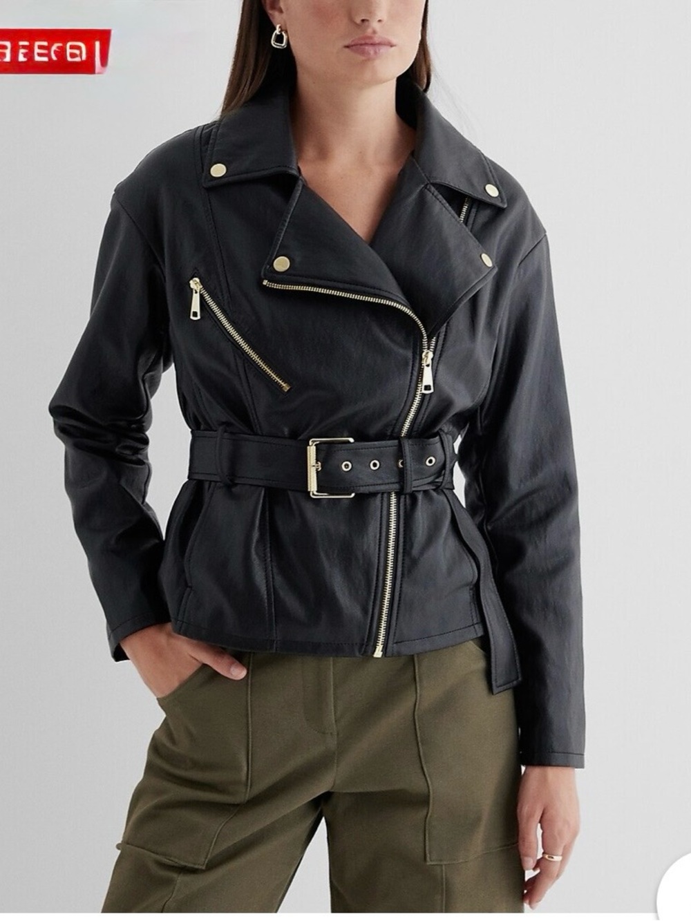 Express Black Leather Belted Moto Jacket with Gold Hardware